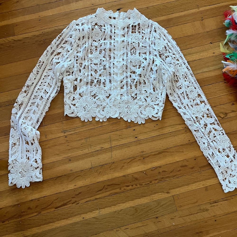 Intricate white lace blouse top long sleeve cropped sheer wedding boho Coachella